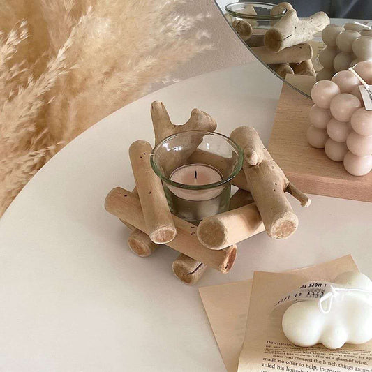 Wooden Driftwood Candle Holder with Glass Cup