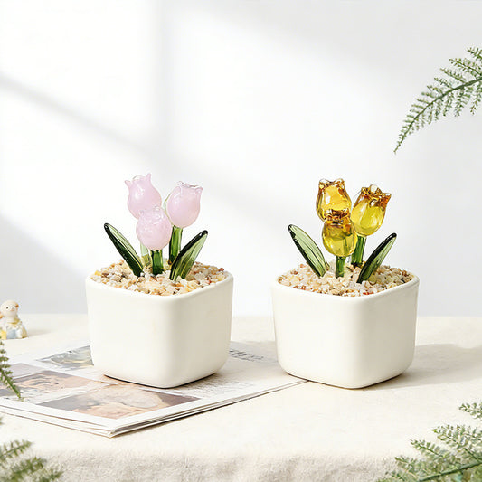 Glass Potted Tulip Bouquet Desktop Decor